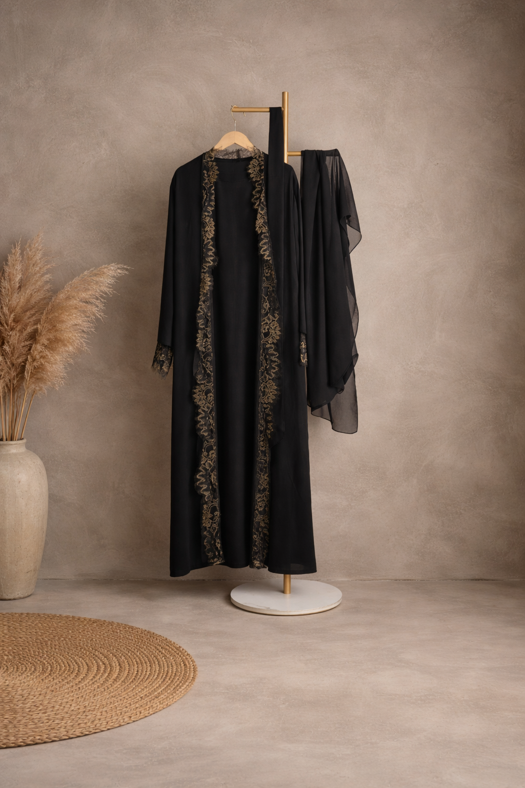 Noir Gold Lace Trim Abaya