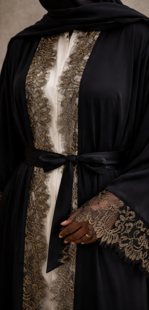 Noir Gold Lace Trim Abaya