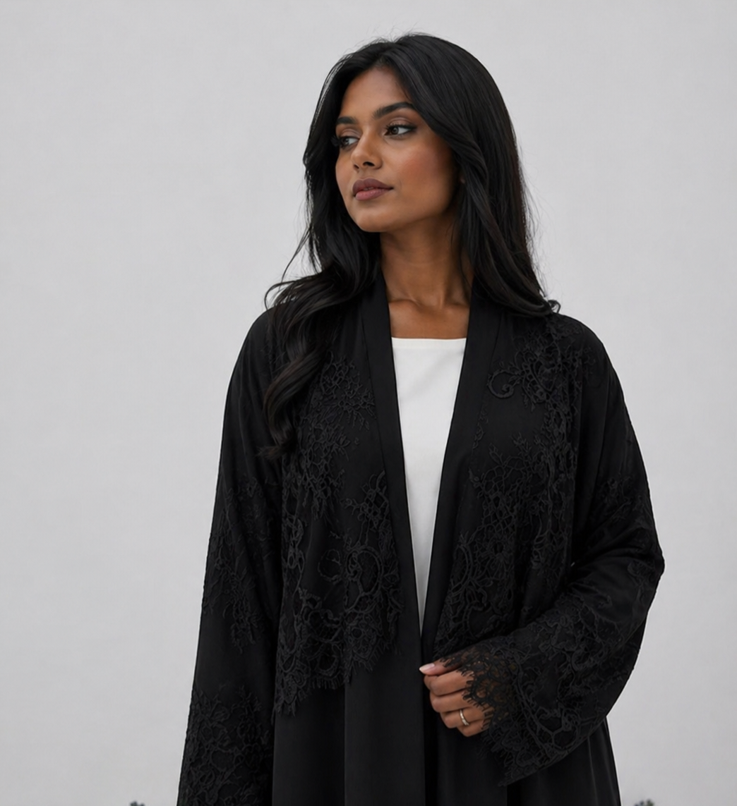 Noir Lace Drape Abaya